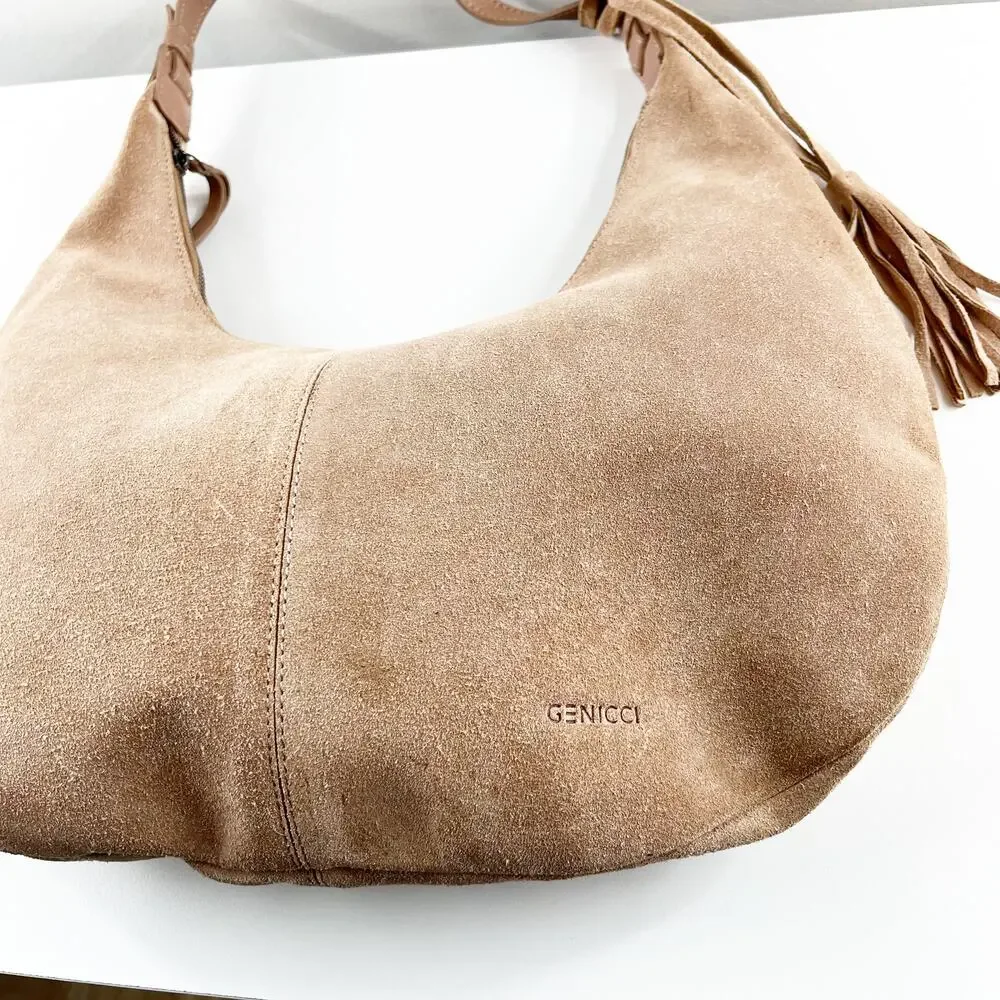 Genicci Leather Suede Shoulder Hobo Bag Purse Camel Tan Brown - Picture 6 of 10